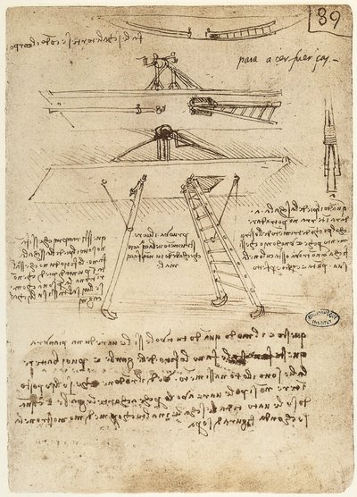 Ms B fol.89r Start- en landingsgestel voor een vliegmachine, 1487-90 door Leonardo da Vinci